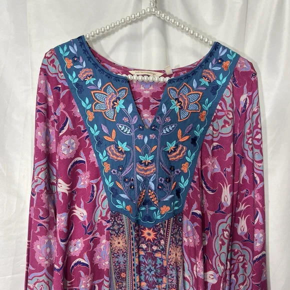 Soft Surroundings Tunic Top Large Pink Blue Floral Paisley Boho Embroidered S - Picture 4 of 14